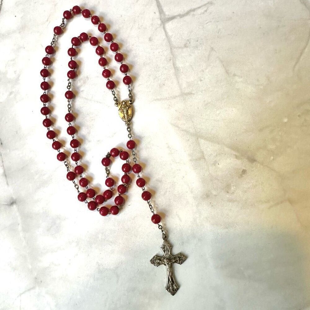 Silver tone red beaded rosary